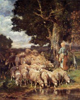 Charles Emile Jacque : A Shepherdess with her Flock near a Stream